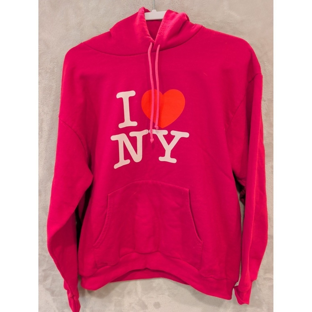 Vintage I Love NY Pink Pullover Hoodie Size L 100% Cotton Graphic Sweatshirt